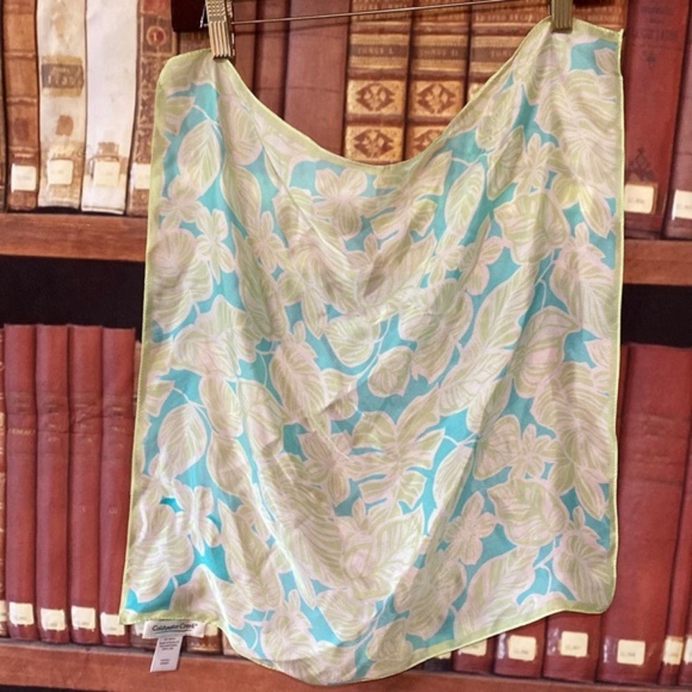 Coldwater Creek 100% Silk Floral Square Scarf Blue Green Cream